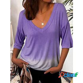 Womens T shirt Color Gradient V Neck Tops Blue Purple Red