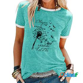 Womens T shirt Dandelion Letter Patchwork Print Round Neck
