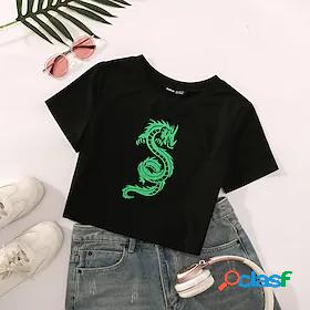 Womens T shirt Dragon Graphic Round Neck Print Basic Tops