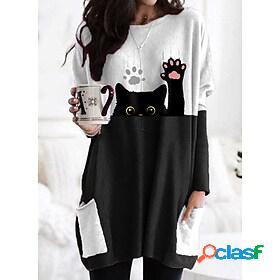 Womens T shirt Dress Cat Cartoon Graphic Prints Long Sleeve