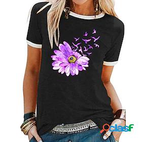 Womens T shirt Floral Graphic Bird Round Neck Patchwork