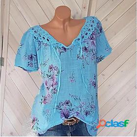 Womens T shirt Floral Graphic V Neck Lace Basic Elegant