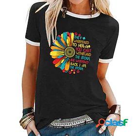 Womens T shirt Floral Letter Round Neck Patchwork Print