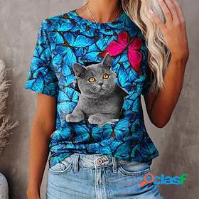 Womens T shirt Floral Theme 3D Cat Painting Floral Cat Round