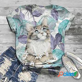 Womens T shirt Floral Theme Cat Painting Floral Cat Round