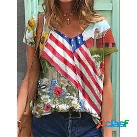 Womens T shirt Floral Theme Floral Plants Flag V Neck Print