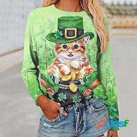 Womens T shirt Floral Theme Lucky 3D Cat Cat Leaf 3D Round