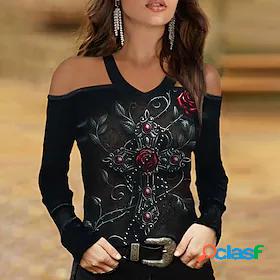 Womens T shirt Floral Theme Painting Floral 3D V Neck Cut