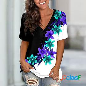 Womens T shirt Floral Theme Painting Floral Color Block V