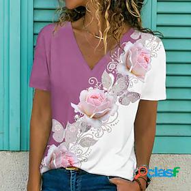 Womens T shirt Floral Theme Painting Floral Color Block V