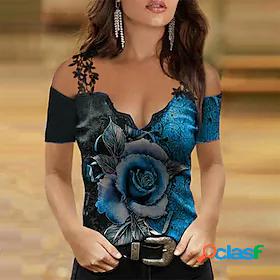 Womens T shirt Floral Theme Painting Floral Rose V Neck Lace