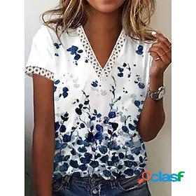 Womens T shirt Floral Theme Painting Floral V Neck Lace