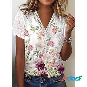 Womens T shirt Floral Theme Painting Floral V Neck Lace