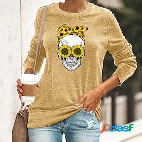 Womens T shirt Floral Theme Painting Skull Sunflower Round