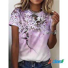 Womens T shirt Flower Bird Round Neck Patchwork Print Basic