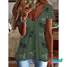 Womens T shirt Flower Rose V Neck Patchwork Print Basic