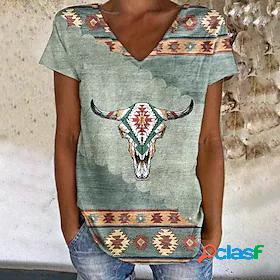 Womens T shirt Geometric Painting Geometric Cow V Neck Print