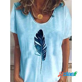 Womens T shirt Gradient Feather V Neck Tops Loose White