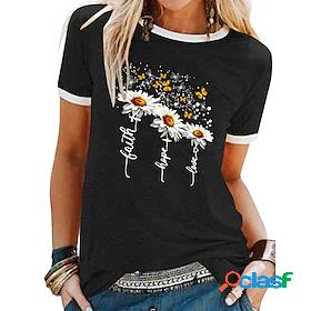 Womens T shirt Graphic Butterfly Daisy Patchwork Print Round