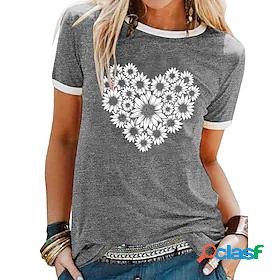 Womens T shirt Graphic Heart Daisy Patchwork Print Round