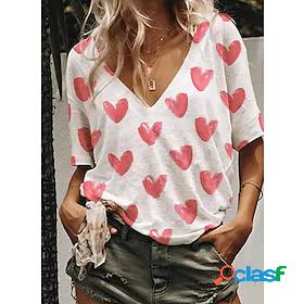 Womens T shirt Heart V Neck Print Basic Tops White