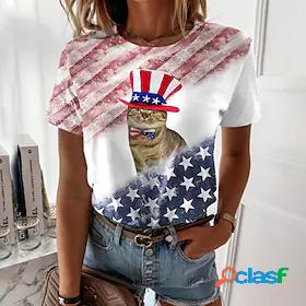 Womens T shirt Painting Cat Stars and Stripes Round Neck