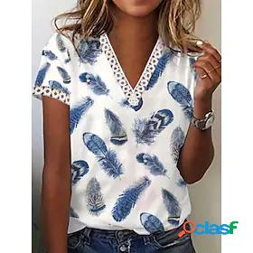 Womens T shirt Painting Feather V Neck Lace Trims Print
