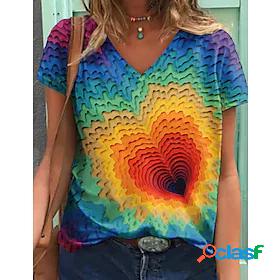 Womens T shirt Painting Heart 3D V Neck Print Basic Tops