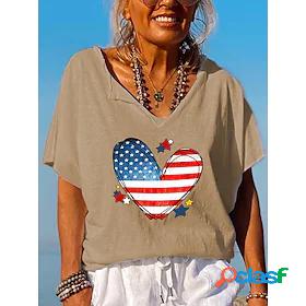 Womens T shirt Painting Heart Star American Flag V Neck