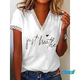 Womens T shirt Painting Heart Text V Neck Lace Trims Print