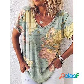 Womens T shirt Painting Map V Neck Print Basic Tops Green