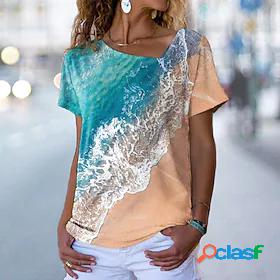 Womens T shirt Painting Ocean V Neck Print Basic Tops Green