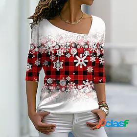 Womens T shirt Painting Plaid Color Block Snowflake V Neck