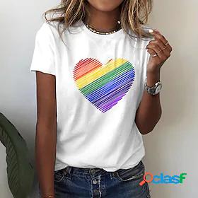 Womens T shirt Painting Rainbow Heart Round Neck Print Basic