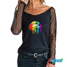 Womens T shirt Painting Rainbow Lip Round Neck Mesh