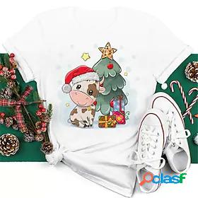 Womens T shirt Painting Reindeer Christmas Tree Animal Round