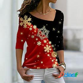 Womens T shirt Painting Sparkly Color Block Snowflake V Neck