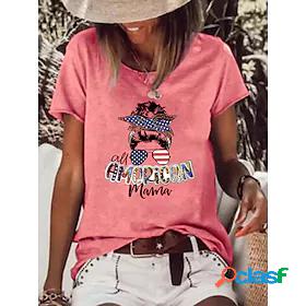 Womens T shirt Painting Text American Flag Round Neck Print