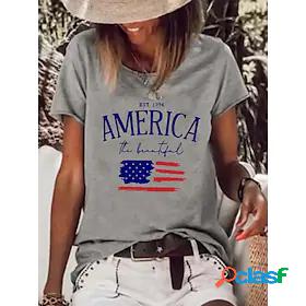 Womens T shirt Painting Text American Flag Round Neck Print