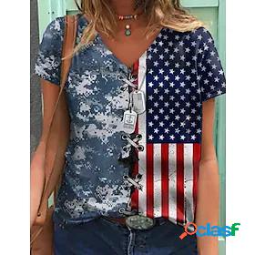 Womens T shirt Painting USA National Flag V Neck Print Basic