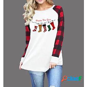 Womens T shirt Plaid Graphic Letter Round Neck Patchwork