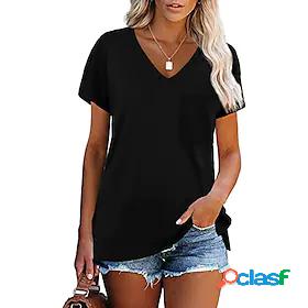 Womens T shirt Plain Pocket V Neck Tops Cotton Basic Basic