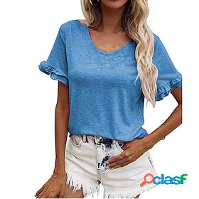 Womens T shirt Plain Round Neck Ruffle Basic Tops Black Blue