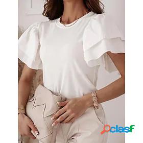Womens T shirt Plain Round Neck Ruffle Basic Tops White Pink