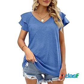 Womens T shirt Plain V Neck Basic Tops Blue White Black