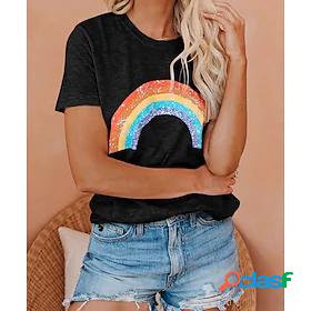 Womens T shirt Rainbow Geometric Printing Round Neck Tops