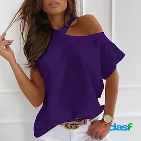 Womens T shirt Solid Colored Round Neck cold shoulder Basic