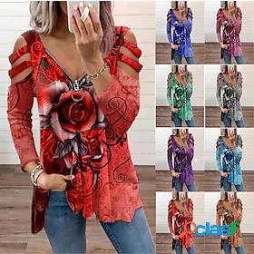Womens T shirt Stripe Elegant Luxurious Flower / Floral V