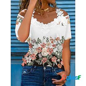 Womens T shirt Tee Floral Floral Off Shoulder Lace Trims