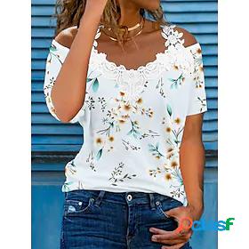 Womens T shirt Tee Flower Off Shoulder Lace Print Basic Tops